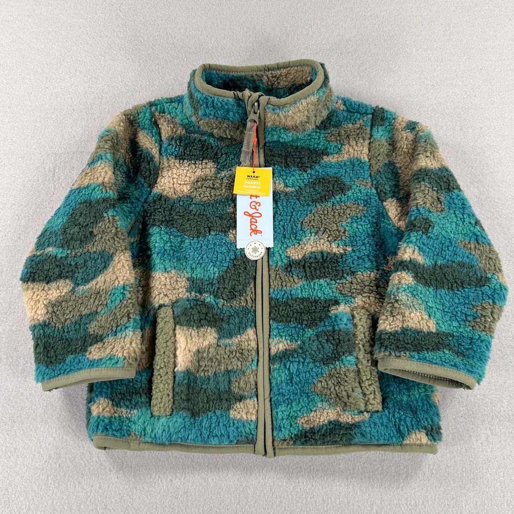 Cat & Jack Toddler Boys Green Blue Camo Sherpa Fleece Full Zip Jacket 2T NEW